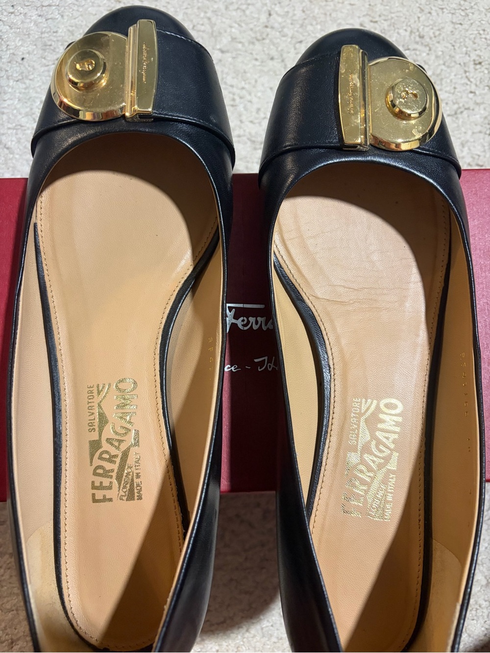 Salvatore Ferragamo Black Leather Flats with Gold Hardware